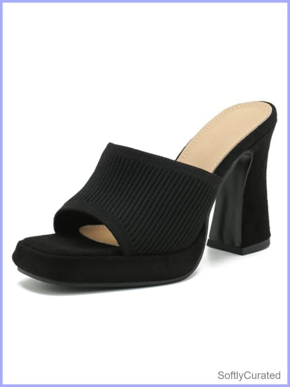 Knit Platform Mule Sandals Square Toe Block Heel Slip-On Slides Chunky High Heel
